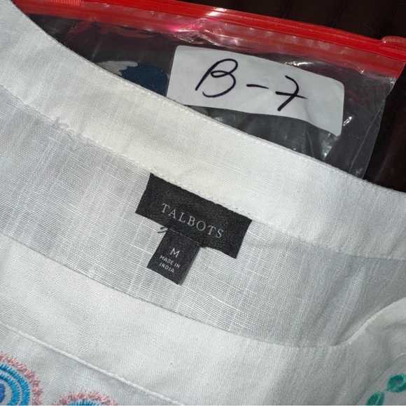 TALBOTS Linen Blend Embroidered Square Neck Top In White/Blue - Picture 9 of 16